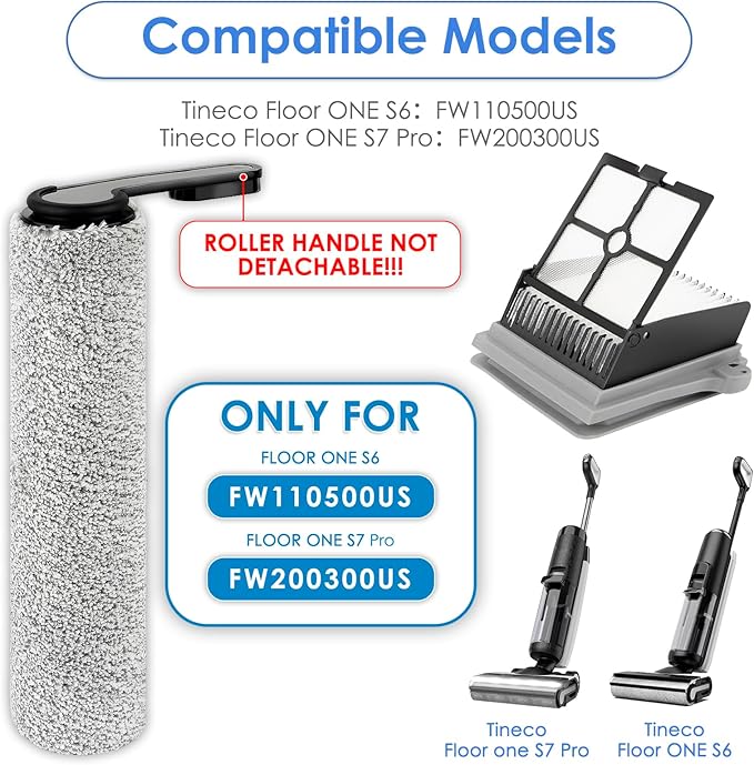 【Only for Version 1, ROLLER HANDLE NOT DETACHABLE】(6 Pack) Brush Rollers and HEPA Filters for Tineco Floor ONE S7 PRO/ONE S6 Smart Cordless Wet Dry Vacuum Cleaner, 3 HEPA Filters, 3 Brush Rollers