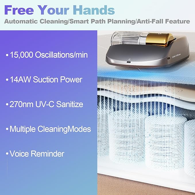 Cordless Rechargeable X1 Bed Vacuum Robot 1-Click Deep Cleaning,Mattress Vacuum Cleaner 14AW Strong Suction 270nm Deep Ultraviolet Lamp,Specially Designed for Mattresses,Auto for Pet Hair and Dust