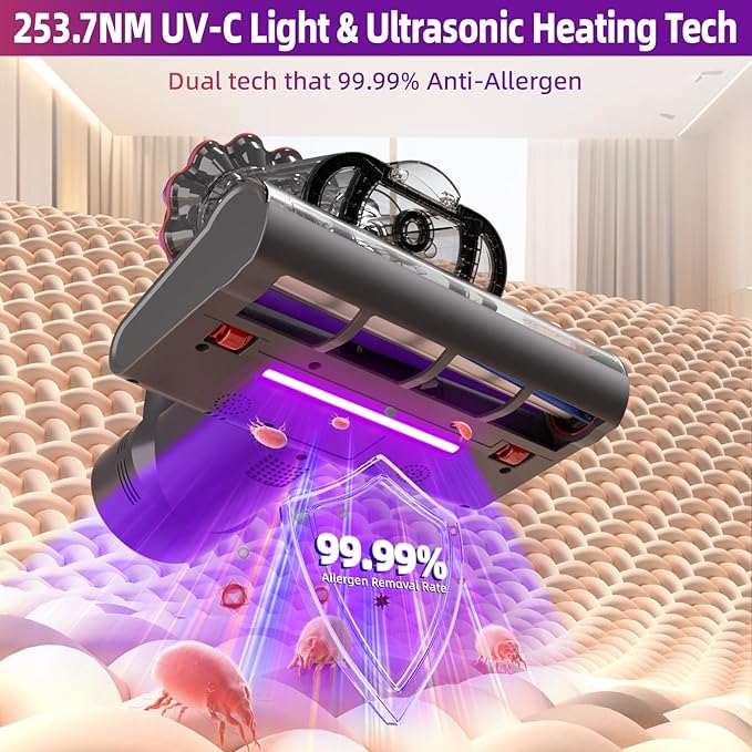 Mattress Vacuum Cleaner - 16Kpa Bed Vacuum with 253.7nm UV-C Light, 140°F Heat Ultrasonic & Hepa Filter, 500W Handheld Couch Cleaner with 3L Dust Cup for Pet Carpet Sofa Hair (D-Purple/Corded)