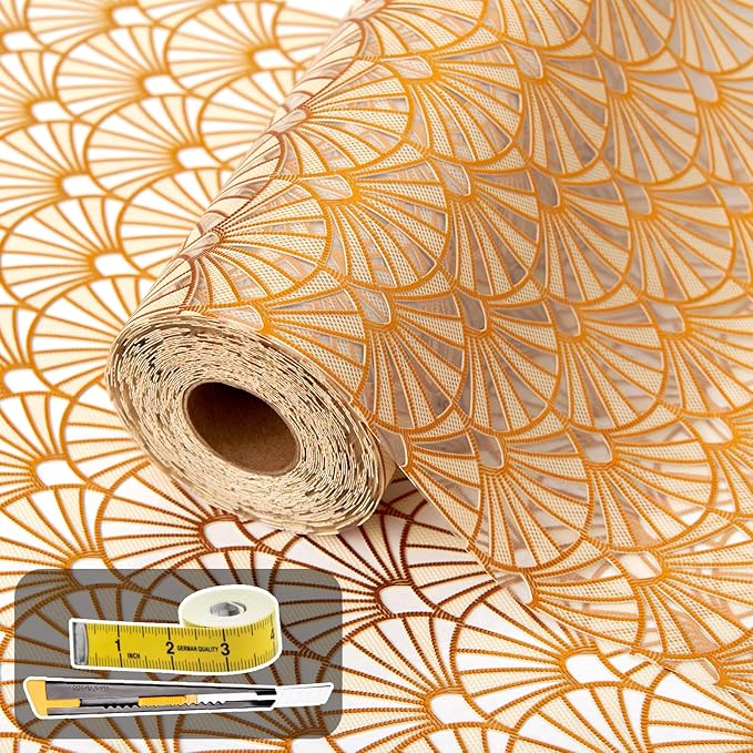 3D Drawer and Shelf Liner for Kitchen Cabinet: 12 in X 30 Ft Waterproof Shelf Paper Non Adhesive Refrigerator Liners Golden Ginkgo Leaf Easy Liners for Bathroom with Knife Tape Measure