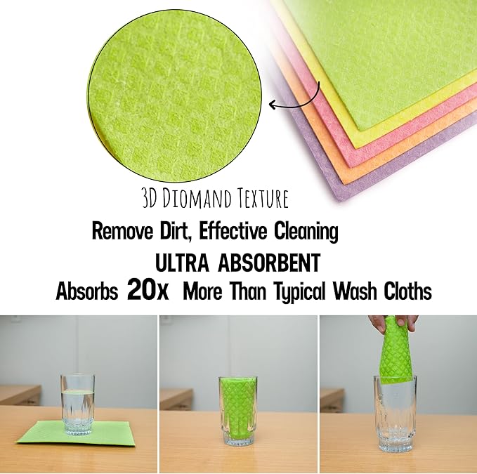 AQUASORB Swedish Dishcloths for Kitchen 10 Pack – Reusable Swedish Dish Cloths That Don't Smell, Oeko-TEX Certified Eco-Friendly Dish Cloths