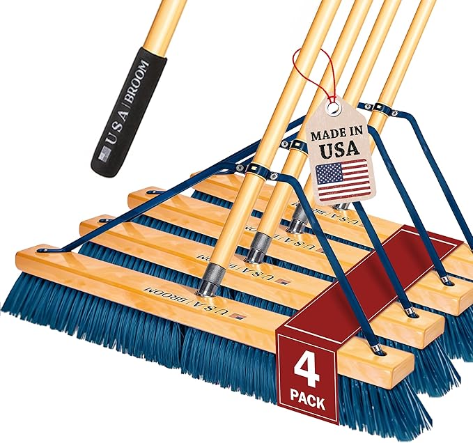 4-Pack - 24" Blue Everyday Sweep Indoor/Outdoor Push Broom with 60" Handle. Ideal for Garages & Shops. Durable American Made Steel Brackets-All Stainless Steel Hardware. No Plastic. 100% USA Made