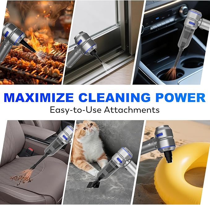 Handheld Car Vacuum Cleaner, 4-in-1 Cordless Vacuum Cleaner, 22000 PA High Power Portable Car Vacuum with Brushless Motor, for Home, Office, Camping (Silver Blue)