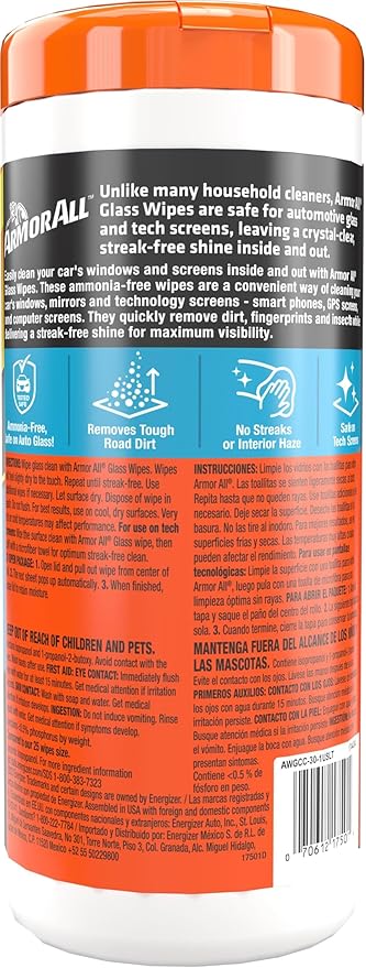 Armor All Car Glass Wipes, Auto Glass Cleaner for Film and Grime, 30 Count