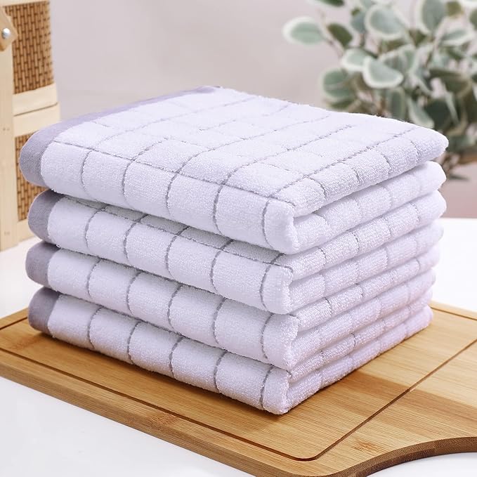 Homaxy 100% Cotton Terry Kitchen Towels(White, 13 x 28 inches), Checkered Designed, Soft and Super Absorbent Dish Towels, 12 Pack