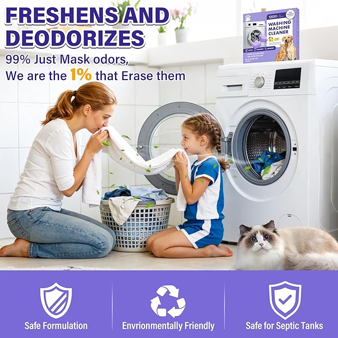 30 Pack Washing Machine Cleaner Tablets, Deep Cleaning for HE, Front＆Top Loader Washer, Natural Fresh Formulared for Pet Owners, Heavy Duty, Septic Safe (Over 12 Month Supply), 15G, Purple