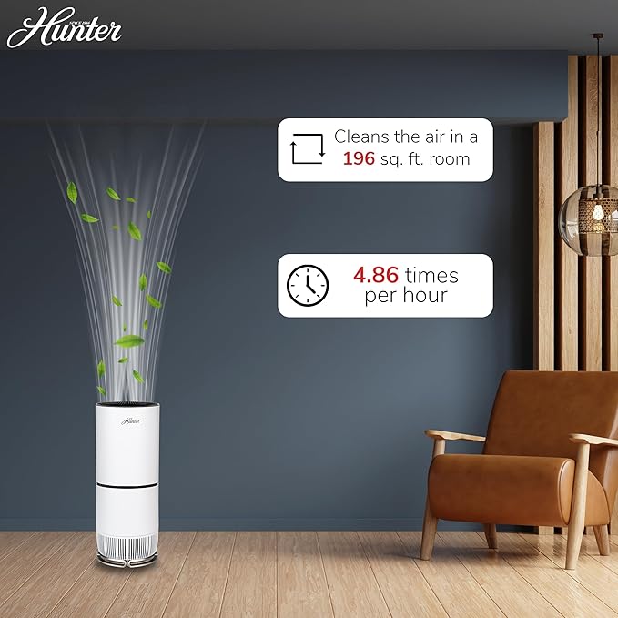 Hunter Fan Company HP670 True HEPA Air Purifier for Allergies, Removes Dust, Smoke, Mold, and Pollen, Covers up to 195 Sq. Ft., Digital Tall Tower, Black