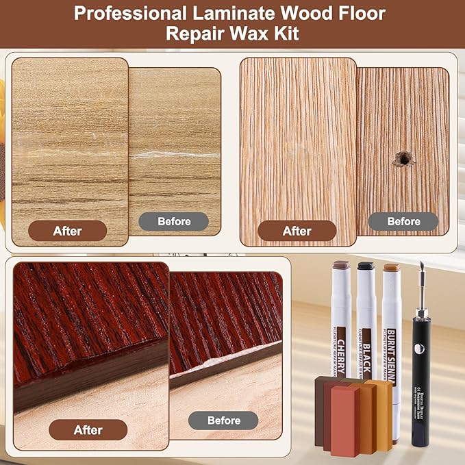 Vinyl Floor Repair Kit with Upgraded Heat Pen - 11 Colors Hardwood Wax 8 Colors Dual Tip Furniture Touch Up Markers, Laminate Flooring Scratch Repair Kit Covers Wooden Scratches, Cracks, Holes