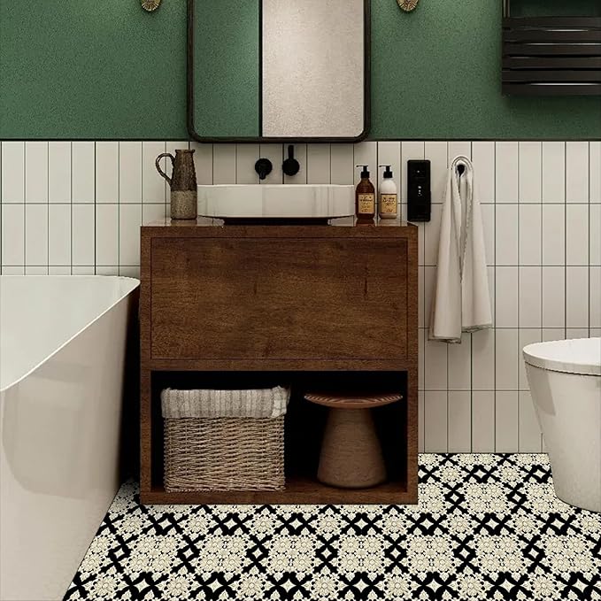 10PCS 12x12 Inch Baroque Floral Peel and Stick Floor Tiles Removable Self Adhesive Vinyl Flooring Stickers for Bathroom Living Room Bedroom Home Decor