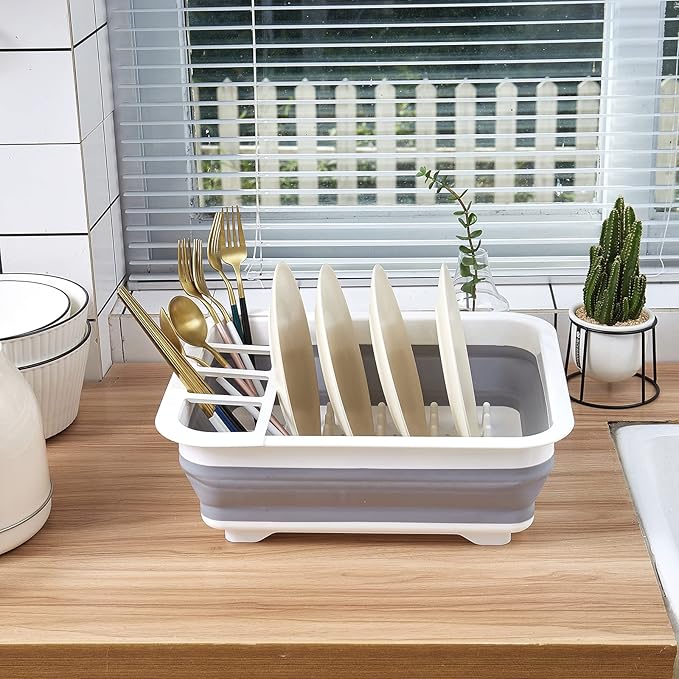 Collapsible Dish Rack with Drainboard for Drying Dishes - Space-Saving Foldable Design with Dinnerware Storage Tray/Basket - Perfect for Kitchen Counter Organization