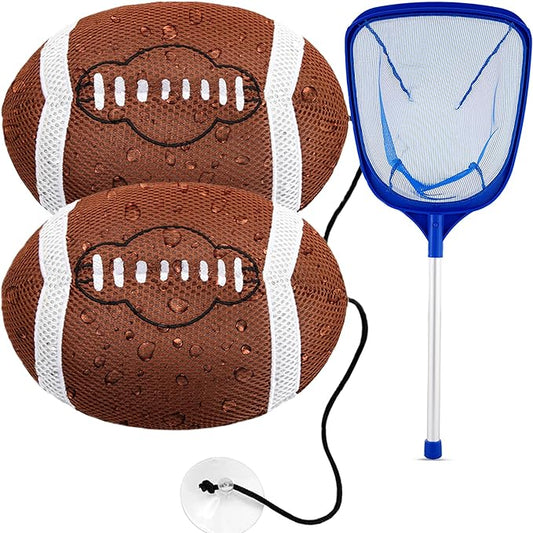 Hot Tub Scum Absorber Football ScumGuard Mesh - 2-Pack Oil & Scum Absorber for Spa, Hot Tub & Pool - Keeps Water Clear & Filters Protected - Includes Pool Net Skimmer & 2 Washable Football Absorbers