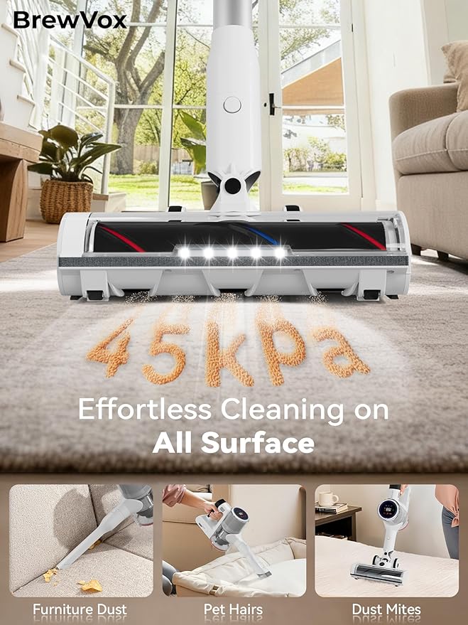 Telescopic Cordless Stick Vacuum Cleaner for Home Carpet & Pet Hair, Smart Auto Detect, 45kPa Powerful Suction, 550W Motor, 60 Min Runtime Quick Rechargeable, 6 Stage Filtration System