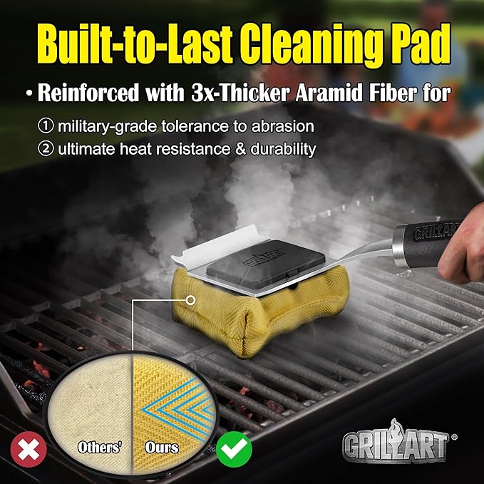 GRILLART Grill Brush Bristle Free Safe Steam Cleaning Tool, Replaceable Head for Any Grate Type - 17” Long Handle w/One-Fit-All Scraper - BBQ Accessories Cleaner for Outdoor Grill - Gifts for Men/Dad