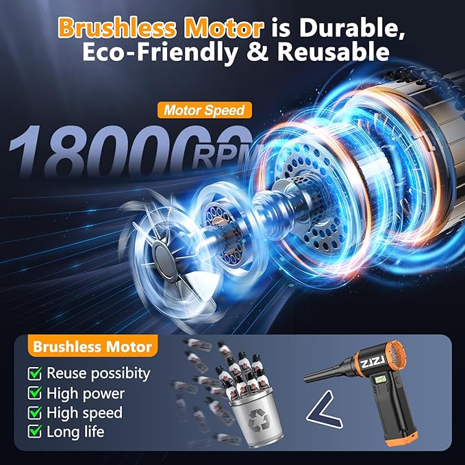 Compressed Air Duster-180000RPM Electric Air Duster with 40MM Brushless Motor, 9-Gears Adjustable Mini Air Blower with LED Light, 10000mAh Rechargeable Battery, Dust Blower for Computer, Home, Car