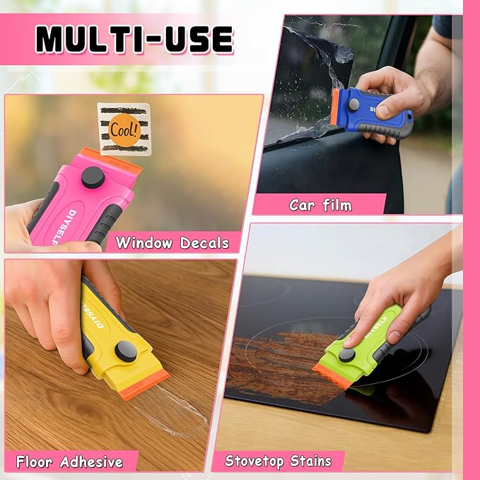 DIYSELF 2 Pcs Plastic Razor Blade Scraper with 10 Pcs Blades, Plastic Scraper Tool for Adhesive Remover, Scrapers for Cleaning Stickers, Decals, Glass, Windows, Car, No Scratches (Pink)