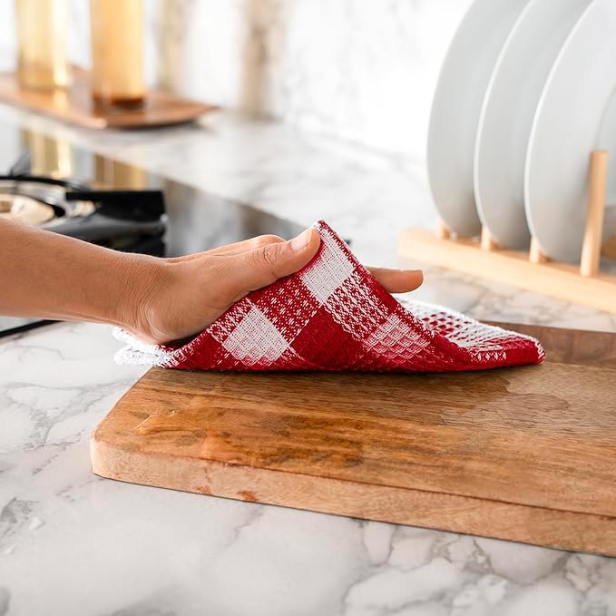 Blue Needles Waffle Weave Check Plaid Dish Cloths, 12x12 Inches 100% Cotton Set of 6 Dish Towels for Kitchen, Ultra Soft & Absorbent Kitchen Towels for Quick Drying Spring Summer - Burgundy & White