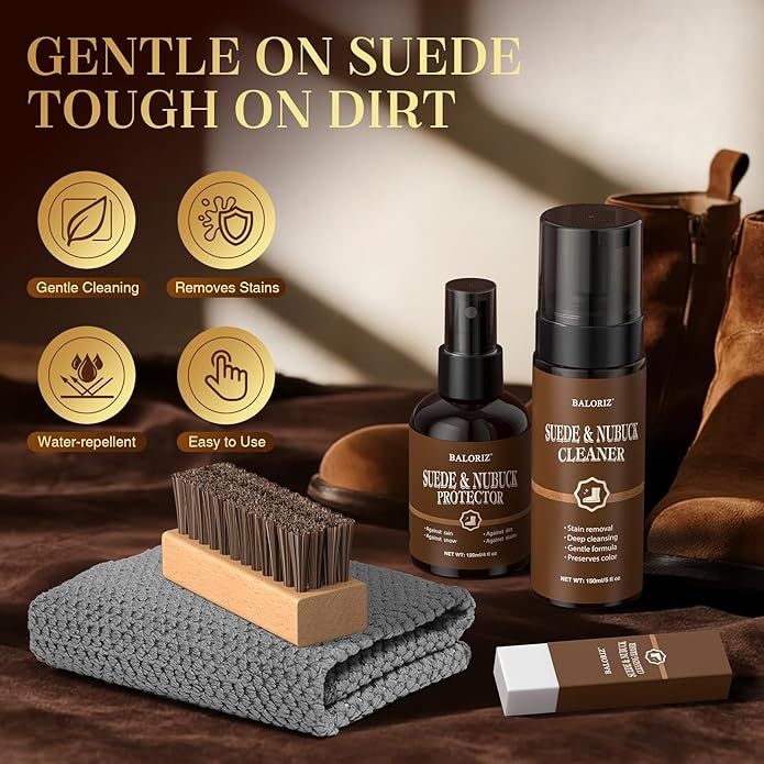 Suede & Nubuck Care Kit, 5-Piece Set with Cleaner, Protector, Suede Brush & Eraser Clean, Microfiber Cloth, Premium Care Kit Protect for Shoes, Boots, Uggs, Furniture, Jackets, Bags and Apparel