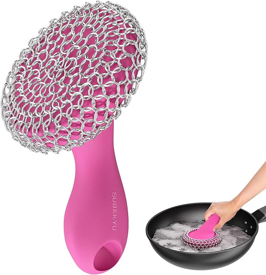 SUBEKYU Cast Iron Scrubber with Silicone Handle, Stainless Steel Skillet Cleaner for Cast Iron Pans (Pink)