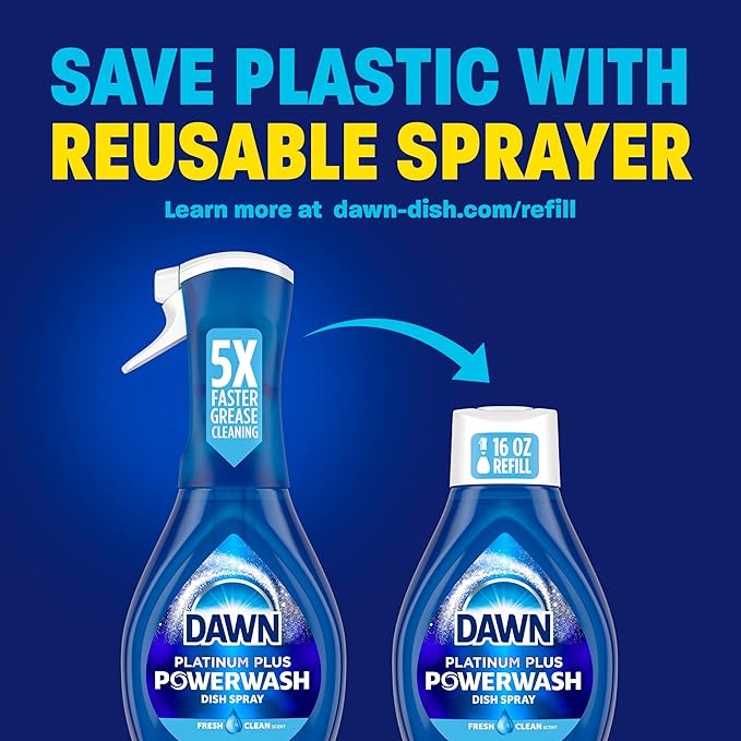 Dawn Powerwash Spray, Dish Soap, Dishwashing Liquid, Cleaning Supplies, Fresh, 1 Starter Kit + 1 Refill, 32 Fl Oz
