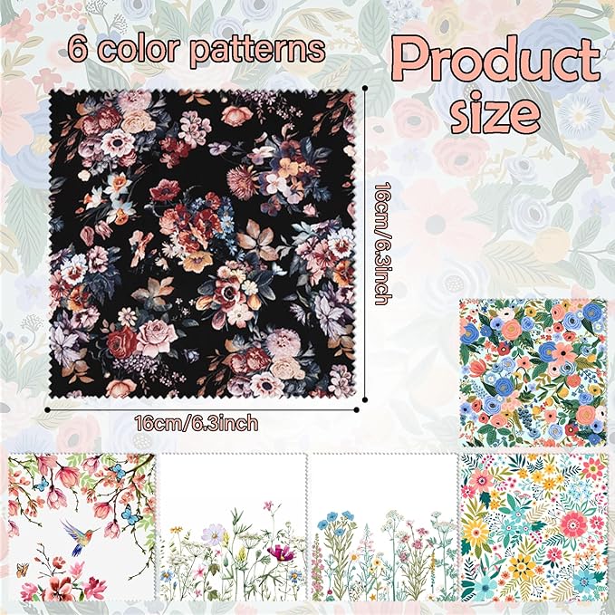 6 PCS Glasses Cleaning Cloth Eyeglass Cleaning Cloth Lens Eyeglasses Microfiber Cute Aesthetic Cloth for Unisex Women Girls Reusable Phone Screens Camera Multi-Patterns(6.3"x6.3")-Flowers Floral