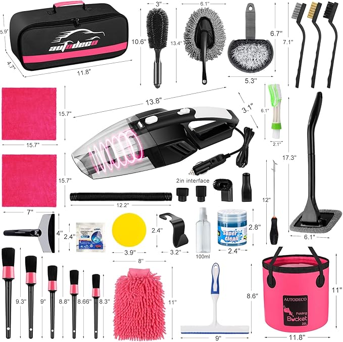 AUTODECO 41Pcs Car Cleaning Wash Kit Interior Detailing Cleaner Kit with High Power Handheld Vacuum, Collapsible Bucket, Windshield Tool, Snow Shovel, Tire Brush, Complete Car Care Tools, Pink