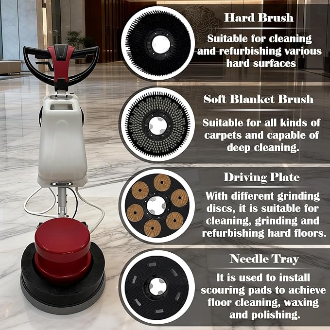 TECHTONGDA 17" Commercial Floor Scrubber Buffer Heavy Duty Floor Grinder Polisher Machine Carpet Cleaning Machine with 3.17Gal Tank & 3 Brushes, Clean/Grind/Polish/Wax 110V