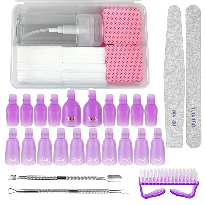 Eyxformula Gel Polish Remover Kit - 10 Toenail Clips, 10 Finger Nail Soak Off Clips, 400 Lint Free Wipes, 2 Nail Files, 120 Ml Push Down Pump Dispenser Bottle, Cuticle Pusher & Peeler, Cleaning Brush