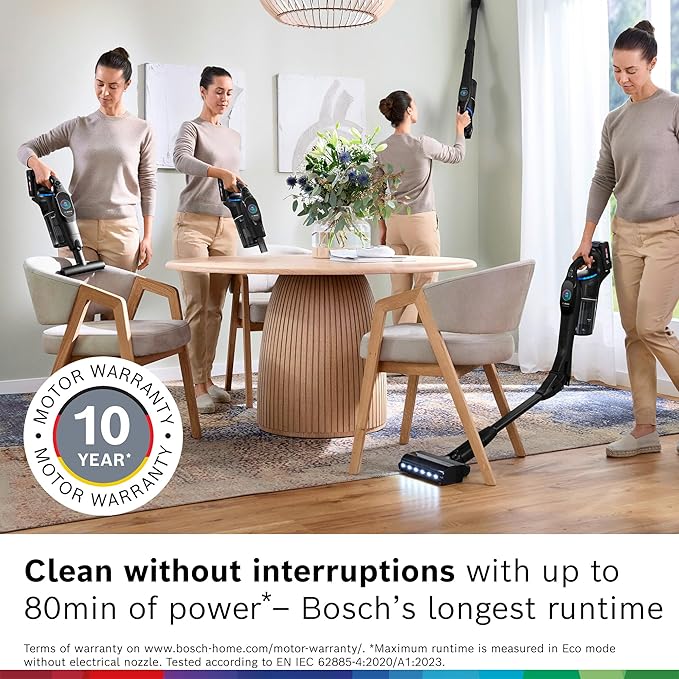 Bosch Unlimited 10 Cordless Stick Vacuum, Up to 80-Min Runtime, 90° Flex Tube, Fast Charger, MicroClean, >99.9% Dust Pick-up, HEPA Filter, Pet Hair, Carpets & Hard Floors, 6 Accessories, Black