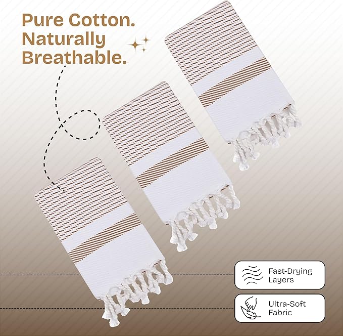Brown Turkish Kitchen Towels 16x26 Inch, 3 Pack, 100% Cotton, Ultra Absorbent, Soft, Fast Dry, Machine Washable, Dish Towel with Tassels for Drying Dishes, Cleaning, Everyday Use