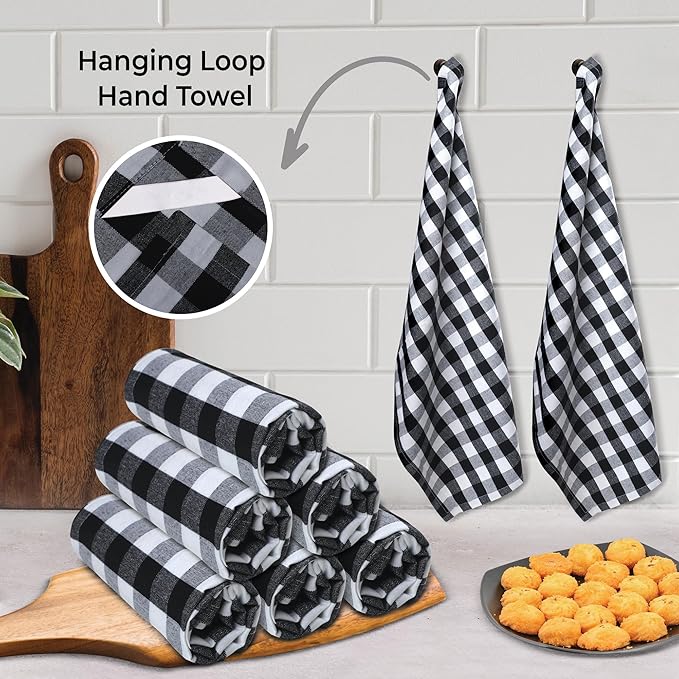 Urban Villa Kitchen Towels 100% Cotton Dish Towels for Kitchen (Set of 6) 20”x30” Dish Cloths Highly Absorbent Kitchen Linen Set with Hanging Loop Perfect for Drying Dishes Cleaning – Black White