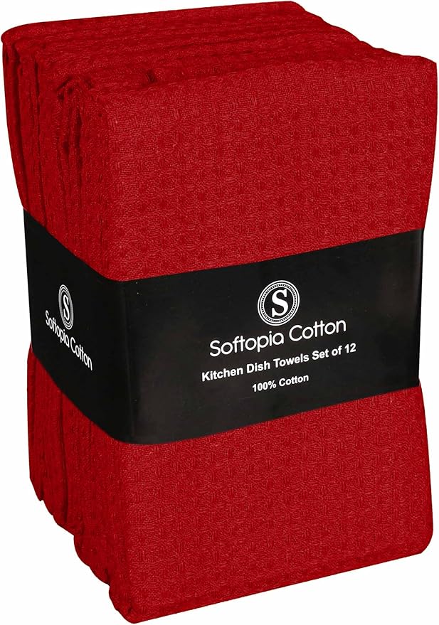 Red Waffle Kitchen Dish Towels, 100% Cotton, Quick Dry, Super Absorbent, Soft, Lint-Free, 16x26 Inches - Ideal for Dish Drying, Bar, Tea, Cleaning, and Everyday Use, 12 Pack