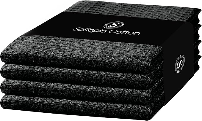 Black Waffle Kitchen Dish Towels, 100% Cotton, Quick Dry, Super Absorbent, Soft, 16x26 Inches - Ideal for Dish Drying, Bar, Hand Wipe, Cleaning, and Everyday Use, 4 Pack