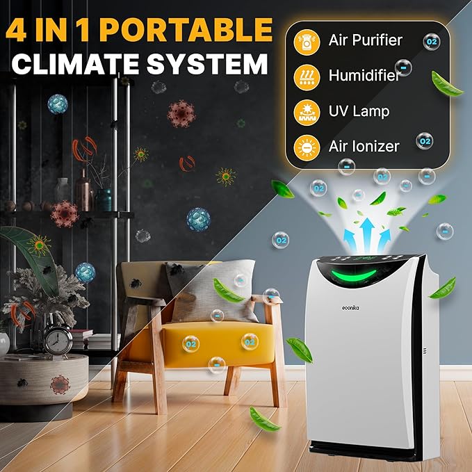 Air Purifier and Humidifier Combo – HEPA Air Purifier with UV Light, Quiet for Bedroom and Living Room – Whole House Large Room Cleaner