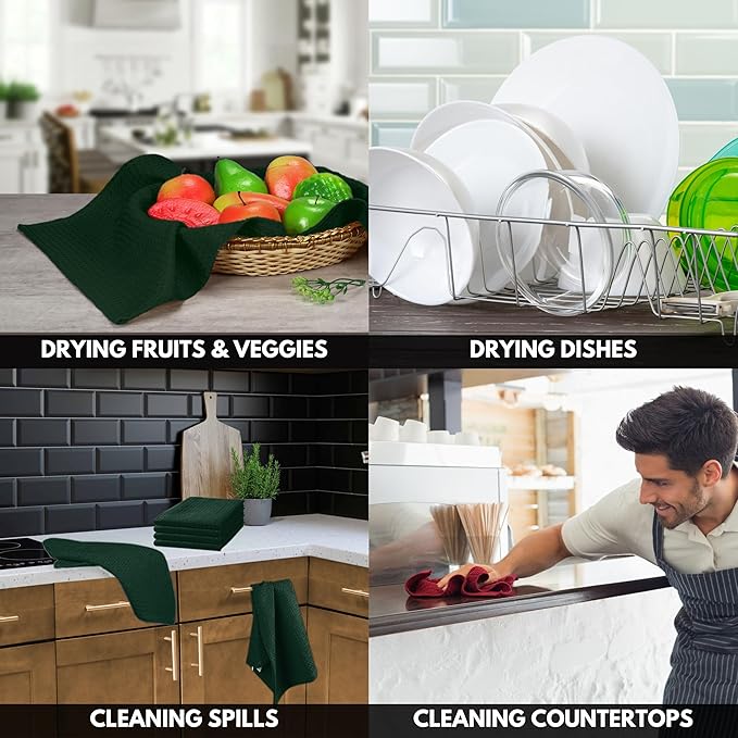 Forest Green Kitchen Dish Towels Set of 12-100% Cotton Waffle Weave, Super Absorbent, Soft, Quick Drying, 16x26 Inches, Ideal for Cleaning, Bar, Tea, and Everyday Use, Olive Green
