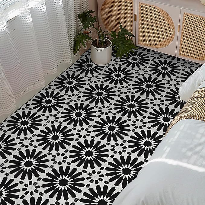 Elffloor Peel and Stick Floor Tile: 10pc 11.8 * 11.8in Self-Adhesive Waterproof Vinyl Flooring Black and White Tiles Sticker for Bathroom, Kitchen, Bedroom, Living Room
