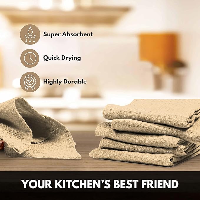 Beige Kitchen Dish Towels Set of 4-100% Cotton Waffle Weave, Super Absorbent, Soft, Quick Drying, 16x26 Inches, Ideal for Cleaning, Bar, Tea, and Everyday Use, Tan