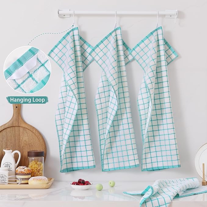 Homaxy Premium Kitchen Towels(16”x 28”, 6 Pack), Large Ring Spun Cotton Dish Towels, Super Absorbent Soft Terry Kitchen Hand Towels, Check Design Tea Towel Set with Hanging Loop, Aqua