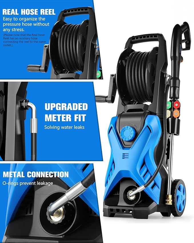 Electric Pressure Washer, 2.8 GPM High Power Washer Adjustable Pressure 2500PSI-5000PSI with 33FT Extension Hose Reel, 4 Nozzles and Soap Bottle for Cars/Fences/Driveways