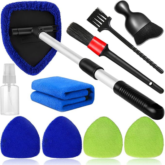 10pcs Windshield Cleaning Tool Inside Car Window Cleaner Wash Kit with 4 Reusable Microfiber Pads 1 Spray Bottle and Extendable Handle Interior Auto Glass Wiper Kit, Blue&Green