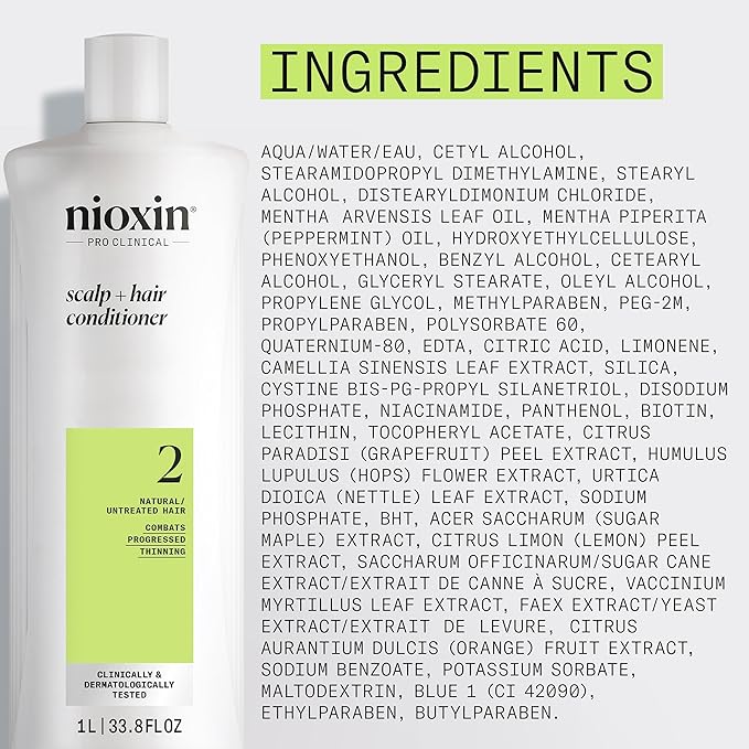 NIOXIN Scalp + Hair Thickening System 2 Conditioner| For Natural or Untreated Hair with Progressed Thinning| With Niacinamide and Biotin | 33.8 Fl oz. (Pack of 2)