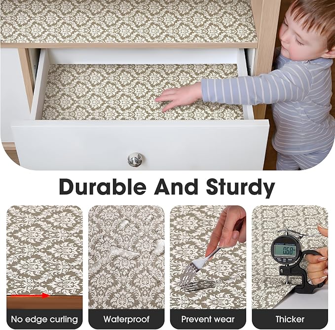 Drawer and Shelf Liner, Non-Slip Kitchen Cabinet Liners Non-Adhesive Thick Strong Grip Waterproof Washable Mats Protect Dresser Shelves Cupboard Bathroom Cabinets, Boho: Beige, 12 in X 30 FT