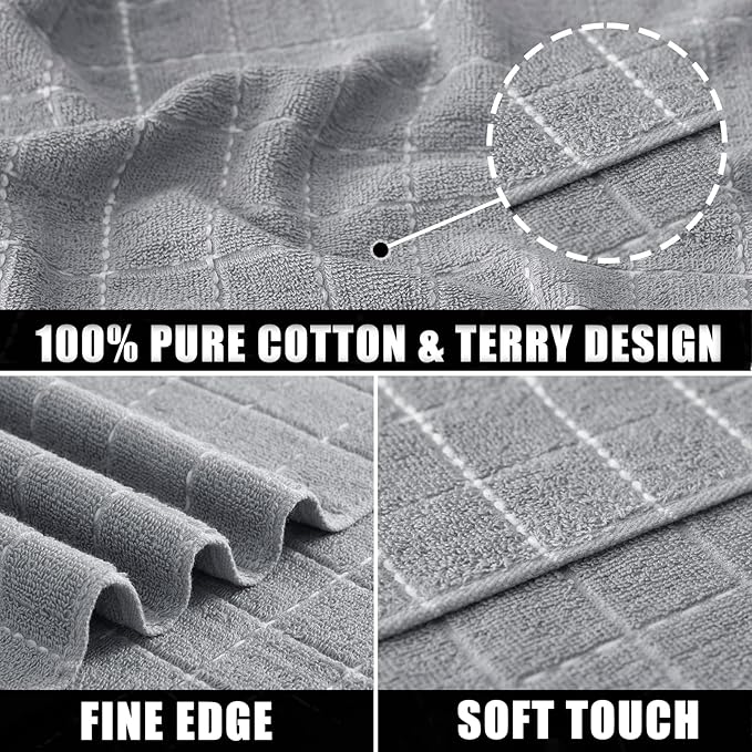 Mordimy 100% Cotton Terry Cloth Kitchen Towels, Super Soft and Absorbent Dish Towels for Drying, Checkered Designed Hand Towels for Kitchen, 16 x 26 Inches, 6 Pack, Light Grey