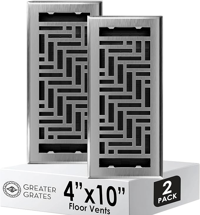 Floor Register 4x10 Vent Cover – 2 Pack – Heavy-Duty Steel, Rustproof & Walkable Grates, Drop-in Install, Adjustable Air Supply Switch - Decorative Herringbone Design, Brushed Nickel