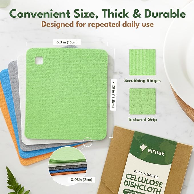 5 Pack Cellulose Swedish Dishcloths for Kitchen - Eco-Concious Reusable Dish Towels & Cloths - Super Absorbent, Odor Resistant and Fast Drying Wash Cloths for Dishes & Surfaces