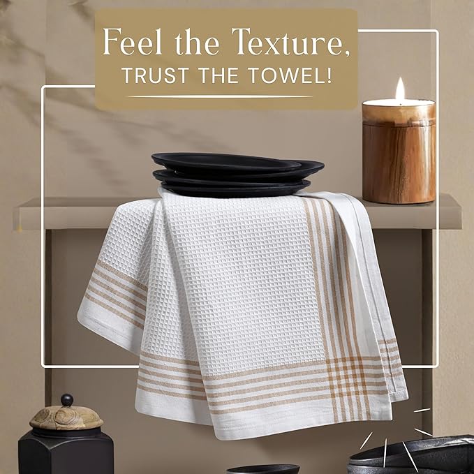 Waffle White & Beige Kitchen Dish Towels 12 Pack, 100% Cotton, 16x26 inches, Durable Dish Cloths Set, Quick Dry Kitchen Rags, Everyday Use Cooking and Cleaning Hand Towels, Bar Towel