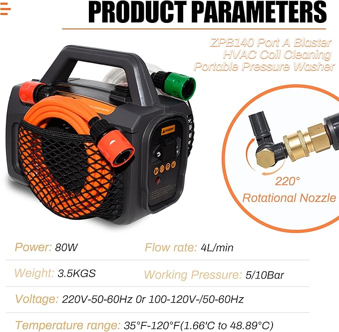 Updated ZPB140 Port A Blaster HVAC Coil Cleaning, Portable Pressure Washer, Coil Jet Cleaner for ac Unit 120V 80W for Indoor or Outdoor, Flow Rate 4L/min, Can Only Be Used with Water, Not with Air