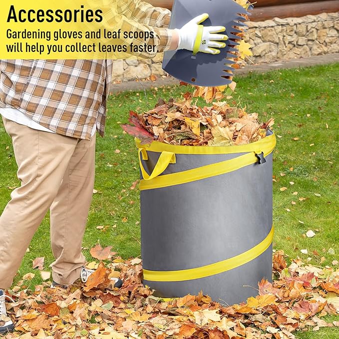 Jardineer 3Pcs Collapsible Garden Leaf Bag Set, Include 30-Gallon Pop Up Trash Can, Leaf Scoops and Gardening Glove, Resuable Yard Waste Container for Lawn Care and Camping