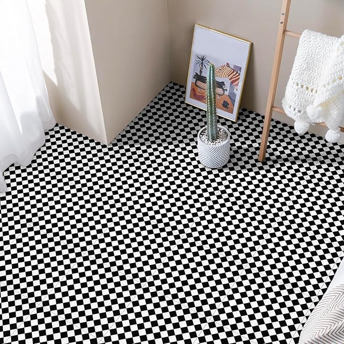 Elffloor Peel and Stick Floor Tile: 30pc 11.8 * 11.8in Self-Adhesive Waterproof Vinyl Flooring Black and White Tiles Sticker for Bathroom, Kitchen, Bedroom, Living Room