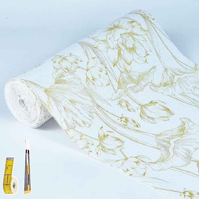 Shelf Liners Non Adhesive Light Base Gold Lotus Pattern - Thickened Non-Slip Easy to Clean Drawer Liner for Kitchen Cabinets, Tool Box, Refrigerator, with Knife & Tape Measure, 12in x 20FT