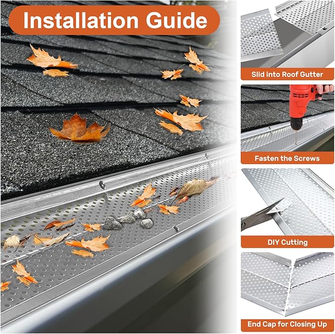 5 inch Gutter Guard, 52 Pack-208ft, Aluminum Mesh Leaf Guards, DIY Leaf Filter Gutter Protection Cover, Raptor Gutter Guard Cleaning Tools for Downspout, Roof, with Screws